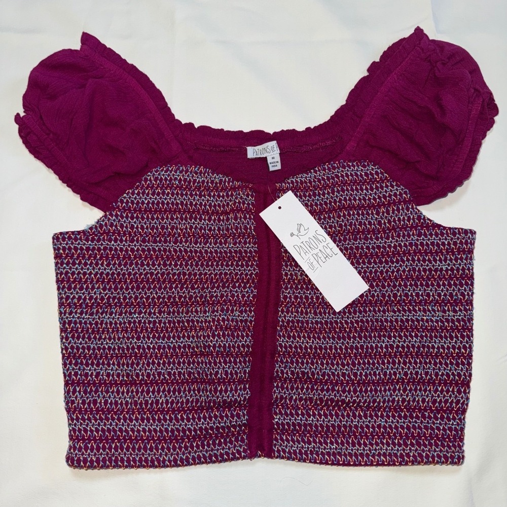Patrons of Peace Boysenberry Smocked Embroidered Puff Sleeve Crop Top BX18489 M